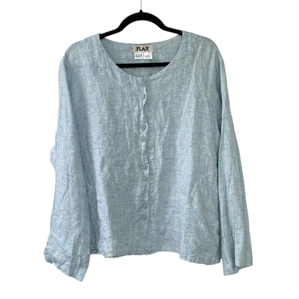 FLAX Linen Oversized Button Front Blouse Blue M